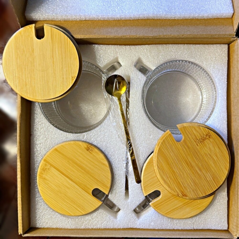 Today's Present 4pcs Vintage Glass Mugs With Bamboo Lids and Spoons - Picture 3 of 7